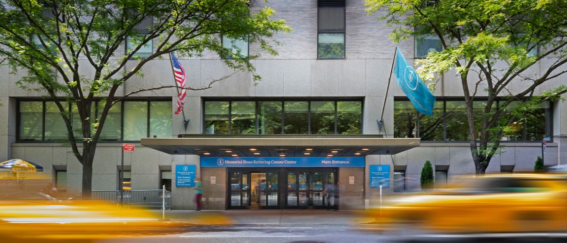 An image of the entrance to Memorial Sloan Kettering Cancer Center (MSK) in New York. 