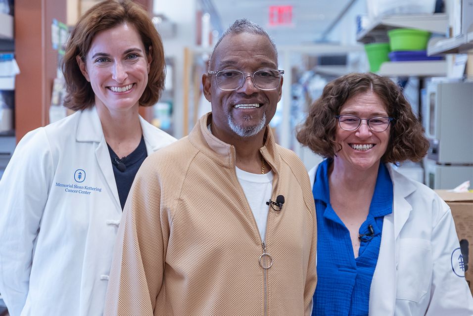 From left to right: MSK’s Dr. Adrienne Boire, MSK patient Carlos, and MSK’s Dr. Dana Pe’er. 